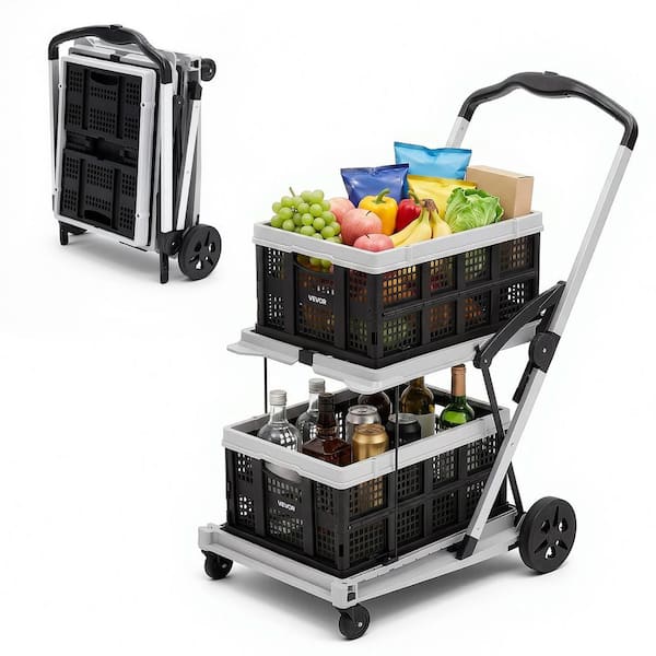 Collapsible Shopping Cart with Wheels Foldable for Grocery Black Gray, 200 lbs. Capacity Rolling Utility Cart