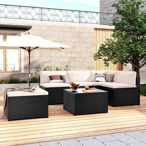 waelph 6-Piece Black Wicker Outdoor Furniture Set Patio Garden Sectional Sofa Chair with Beige Cushions