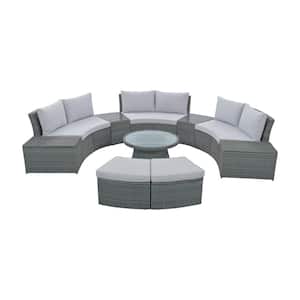 10-Piece Gray Wicker Half Round Outdoor Sectional Set with Light Gray Cushions for Free Combination