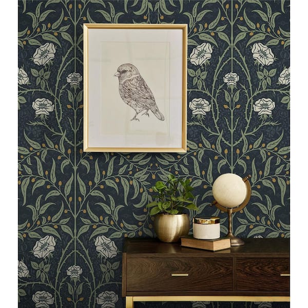 Seabrook Designs Navy and Sage Stenciled Floral Pre-Pasted Paper