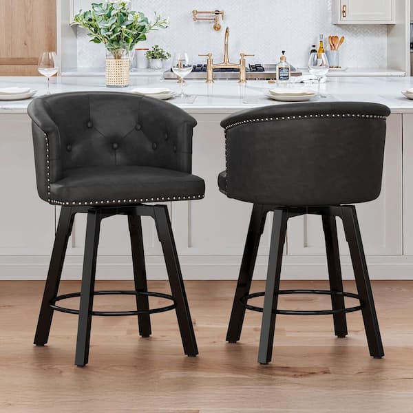 36.22 in. QUINN Black Faux Leather Metal Base High-Back Upholstered Counter Height Swivel Bar Stool Set of 2