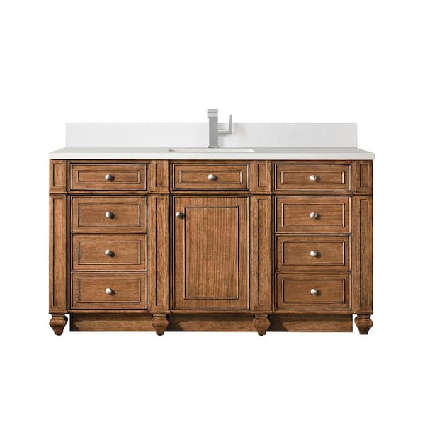 James Martin Vanities Bristol 60.0 in. W x 23.5 in. D x 34.0 in. H Single Bathroom Vanity in Saddle Brown with White Zeus Quartz Top