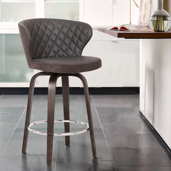 Armen Living Mynette Mid-Century 30" Bar Height Bar Stool in Walnut Glazed Finish and Brown Faux Leather