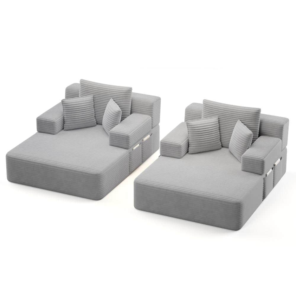 Light Grey Plush Corduroy Oversized Double Chaise Lounge 2-Piece Set with 6 Pillows, Storage Pocket & Wide Square Arm