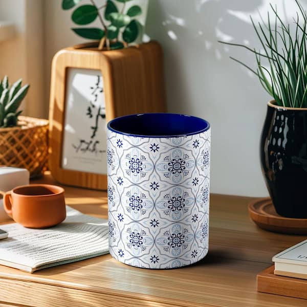 Navy Blue Ceramic Kitchen Utensil Holder, Embossed Pattern Crock with Kiln-Fired Finish for Cooking Tools