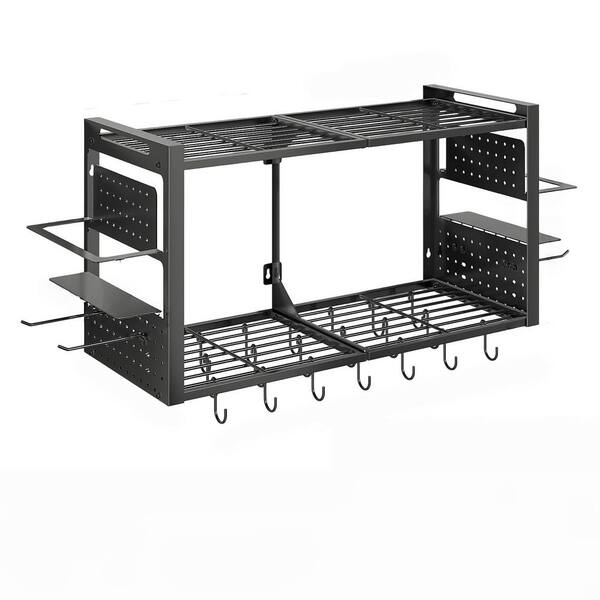 31 in. Black Metal 2-Tier Wall Mount Pot Rack,  Kitchen Cookware Spice Utensil Organizer with 20 hooks, for Kitchen