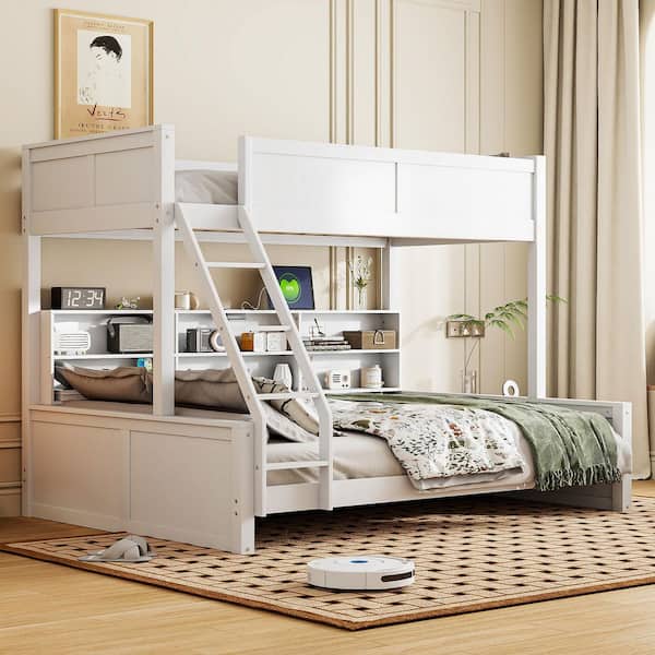 Antique White Twin XL Over Queen Bunk Bed with Storage Cabinets and USB Ports
