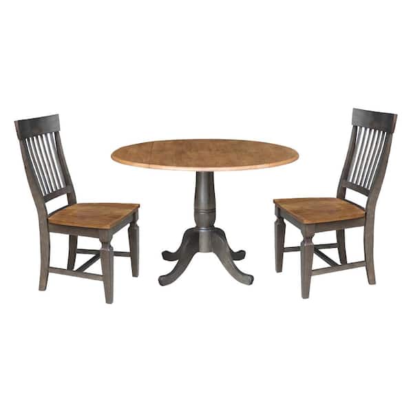 International Concepts Set of 3 Pieces Hickory/Washed Coal 42 in. Round Top Pedestal Table with 2 Slat Back Chairs