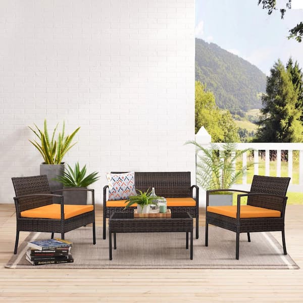 Nice 4 Piece Dark Brown Wicker Patio Conversation Set with Orange Cushions