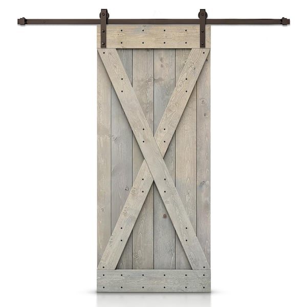 CALHOME 38 in. x 84 in. X-Series Smoke Gray DIY Knotty Pine Wood Interior Sliding Barn Door with Hardware Kit