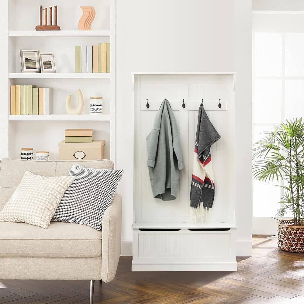Bright White MDF Hall Tree with Storage Bench and Coat Hooks