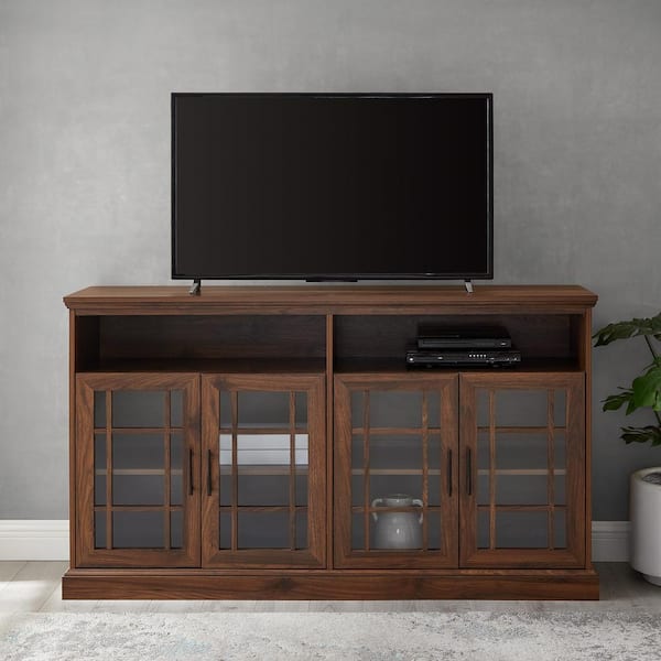 58 in. Dark Walnut Wood TV Stand Fits TVs Up to 65 in. with Storage Doors