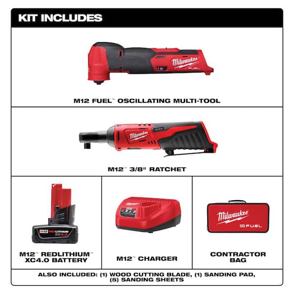 M12 FUEL 12V Lithium-Ion Cordless Oscillating Multi-Tool Kit w 4.0Ah Battery, Charger, Accessories, Bag & 3/8 in Ratchet