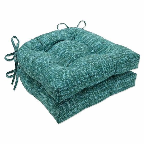 Pillow Perfect Solid 17.5 in. x 17 in. Outdoor Dining Chair Cushion in Blue/Green (Set of 2)