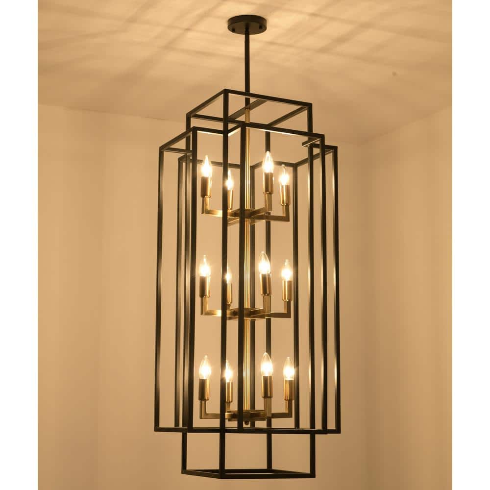 Black and Gold Metal 12-Light Lantern Chandelier