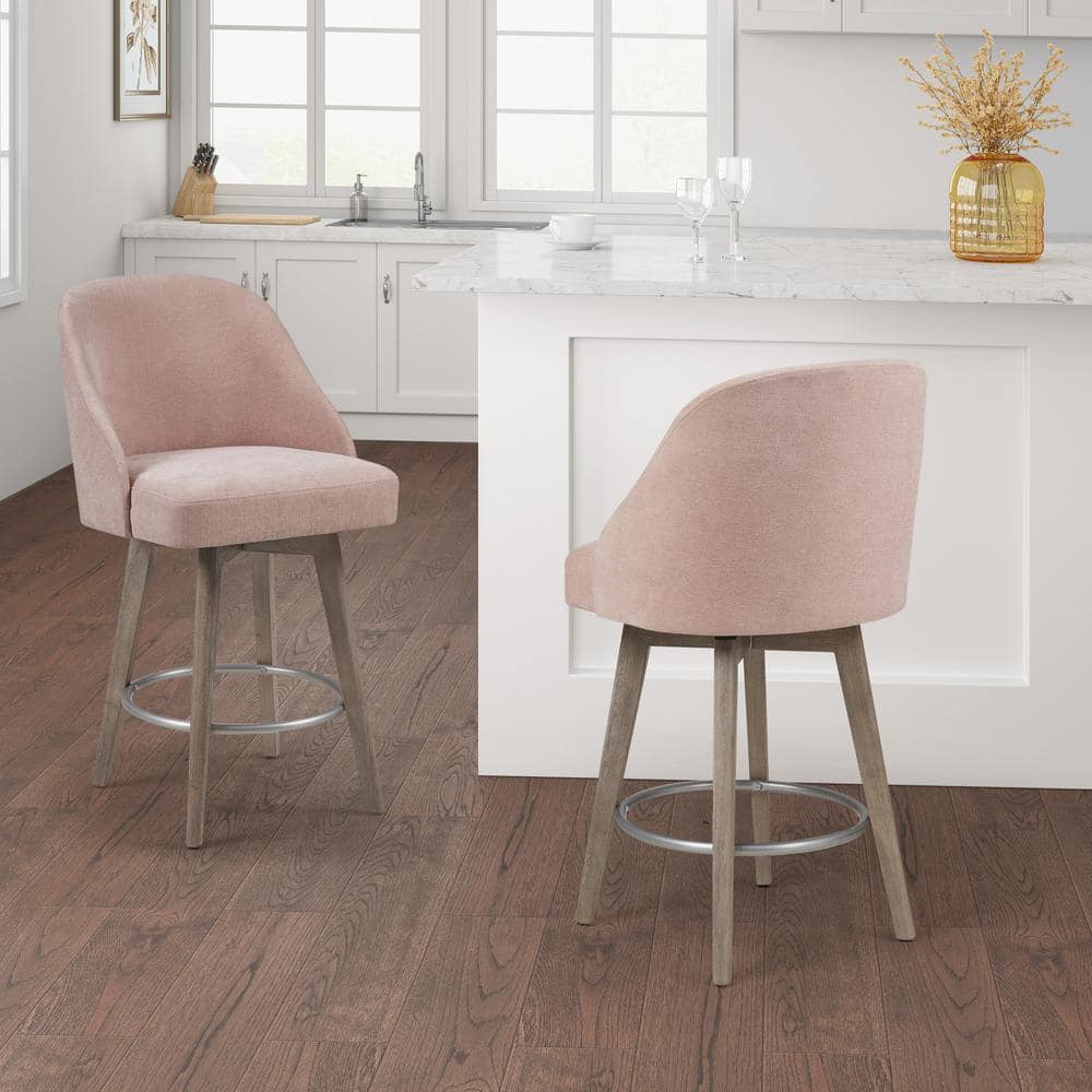 Pearce Elegant Pink Swivel Counter Stool with Reclaimed Grey Wood Legs
