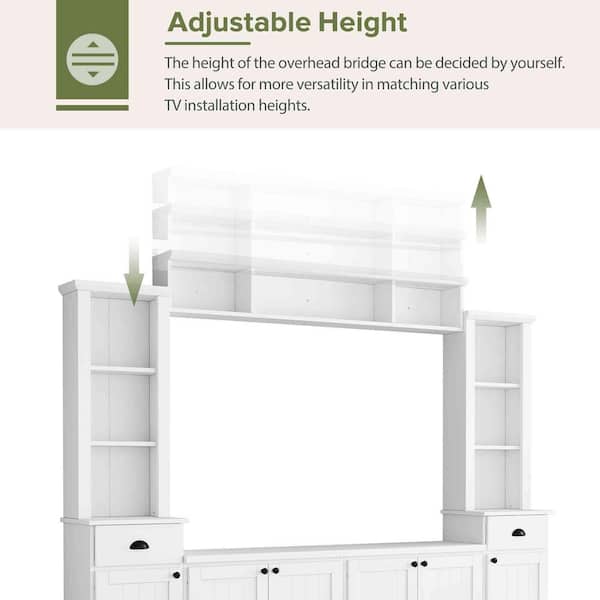 Modern White TV Stand Fits TV's up to 75 in. with Bridge, Adjustable Shelves