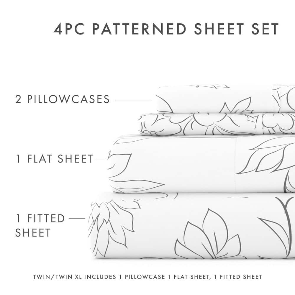 Gray and White Floral Queen Ultra Soft Microfiber Sheet Set