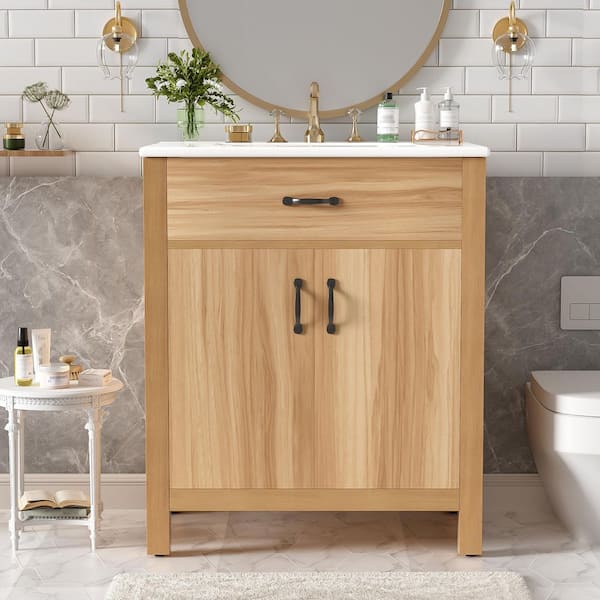 30 in. Single Sink Freestanding Natural Solid Wood Frame Bath Vanity with White Ceramic Top