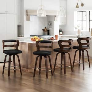 Arabela 26 in. Black Solid Wood Swivel Bar Stool Faux Leather Kitchen Counter Stool with Walnut Frame Set of 4
