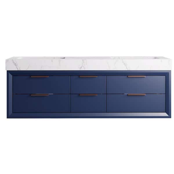 MarbleLux 60 in. W x 20.8 in. D x 21.2 in. H Wall Mounted Bathroom Vanity with Double Sink in Blue with White Marble Top