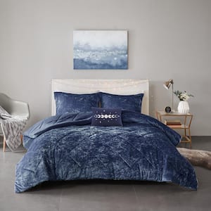 Isabel 4-Piece Navy Velvet Full/Queen Soft Velvet Lustrous Comforter Set with Throw Pillow