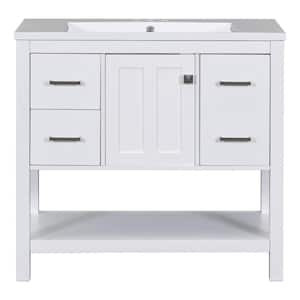 35.5 in. W x 17.8 in. D x 33 in. H Bath Vanity Cabinet without Top with Silver Handle, Drawers, Open Shelf in White