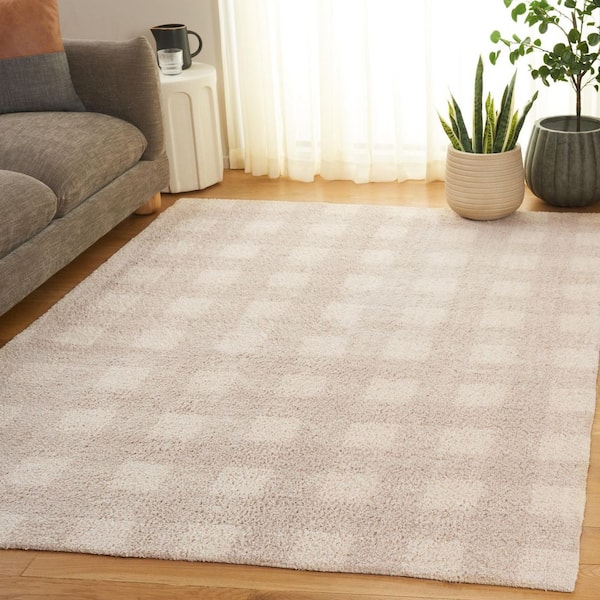 Easy Care Ivory/Beige 6 ft. x 9 ft. Solid Lattice Grid Area Rug
