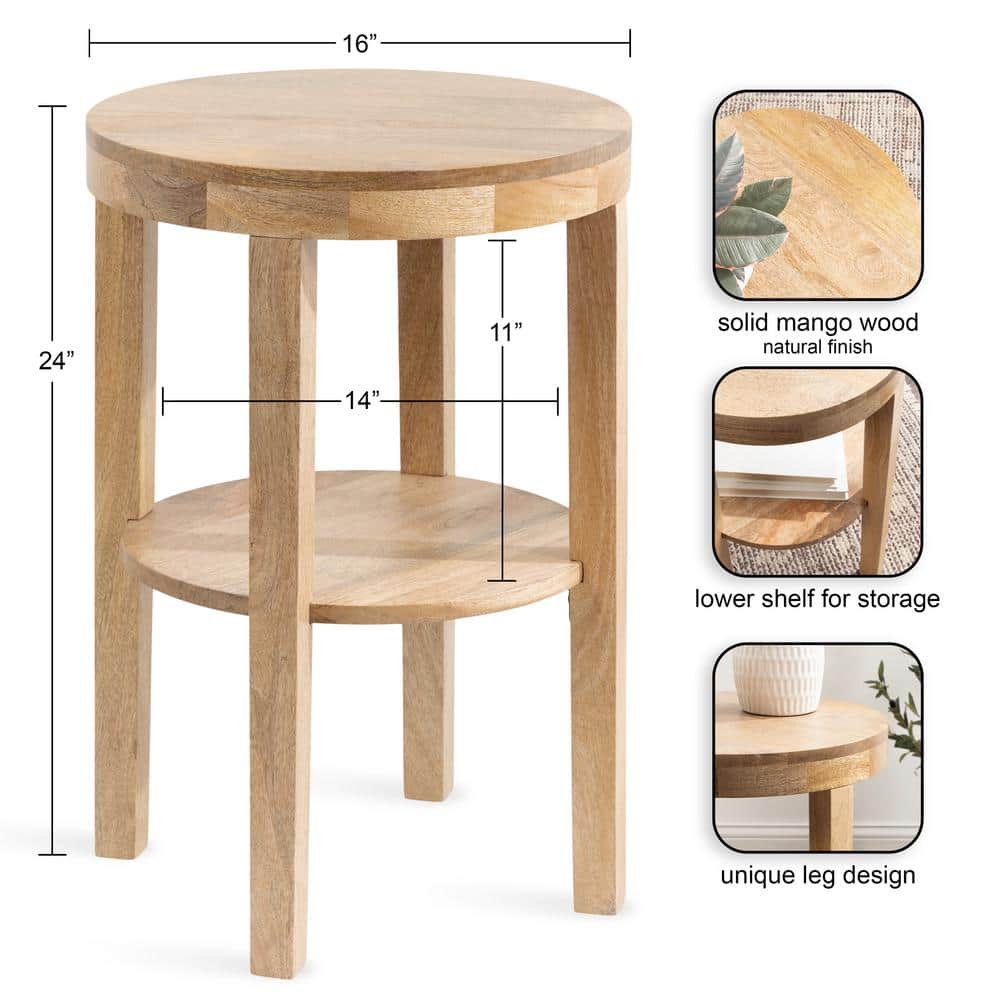 Natural Mango Wood Round Two-Tier Side Table, 16x16x24