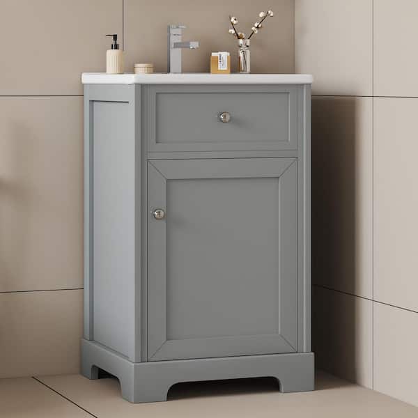 20 in. Single Sink Freestanding Gray Bath Vanity with White Ceramic Top, Adjustable Shelf