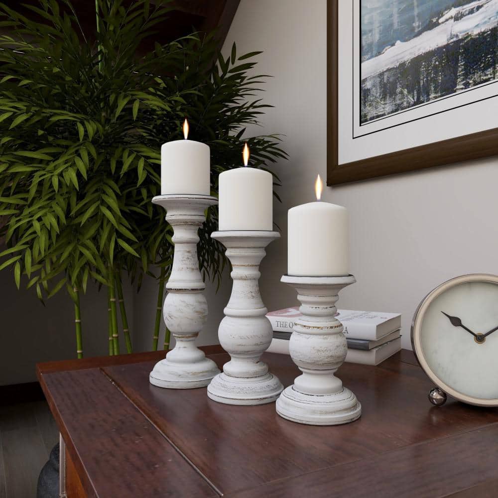 Set of 3 White Distressed Wood Pillar Candle Holders