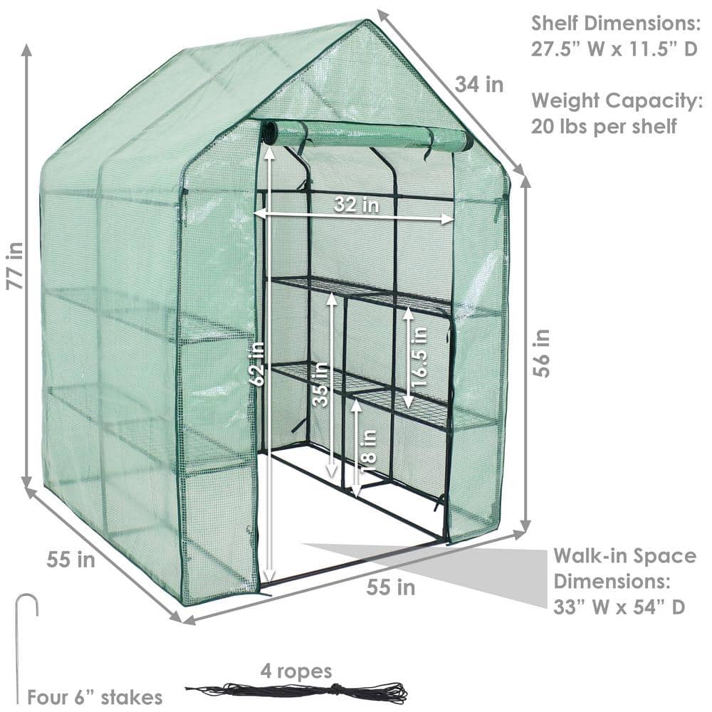 Green 55" x 55" x 77" Portable Walk-In Greenhouse with Shelves