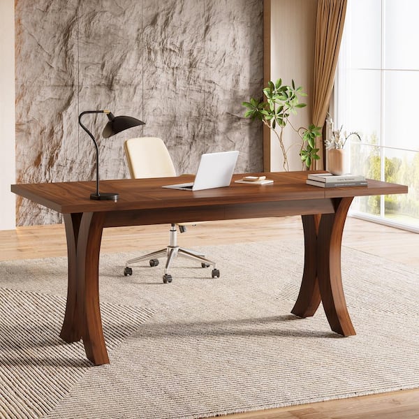 Halseey 63 in. Rectangular Walnut Color Engineered Wood Computer Desk, Modern Executive Desk Large Writing Table