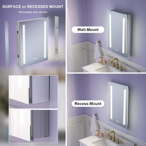WELLFOR 20 in. W x 30 in. H Rectangular Aluminum Recessed or Surface Mount Medicine Cabinet with Mirror,LED Lights,Defog,3 Shelf