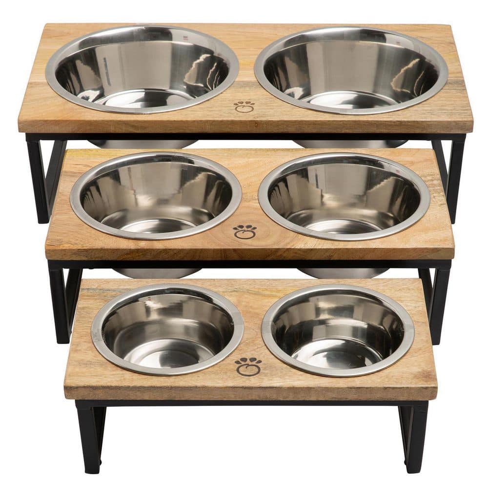 Large Mango Wood and Stainless Steel Elevated Pet Feeder