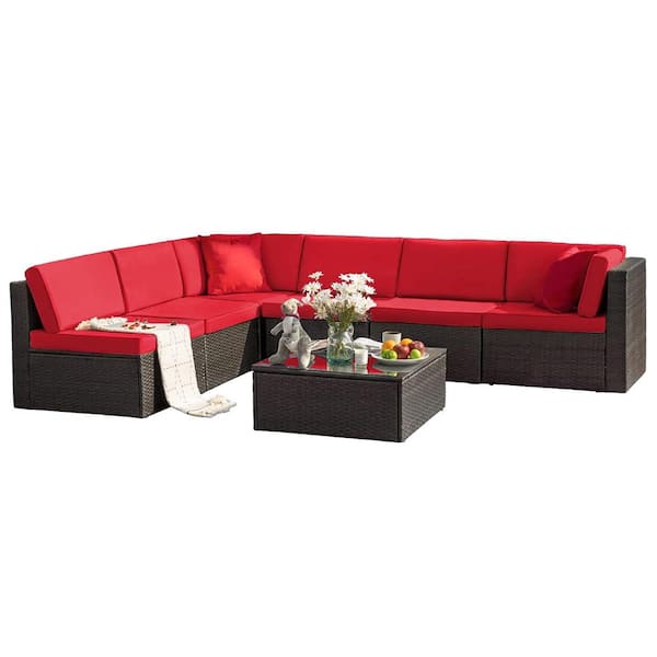 7-Pieces PE Rattan Wicker All Weather Patio Furniture Sectional Set Outdoor Lawn Conversation Sets with Red Cushion