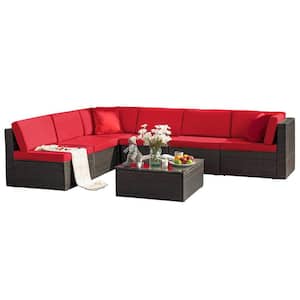 7-Pieces PE Rattan Wicker All Weather Patio Furniture Sectional Set Outdoor Lawn Conversation Sets with Red Cushion