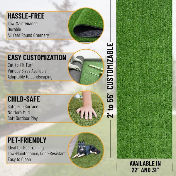 Ottomanson Evergreen Collection Waterproof Solid Grass Design 2x13 Indoor/Outdoor 2 ft. x 13 ft. ., Green, Artificial Grass