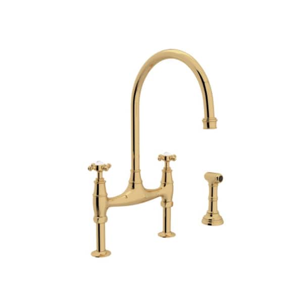 Perrin & Rowe Georgian Era 2-Handle Bridge Kitchen Faucet with Sidespray in Unlacquered Brass