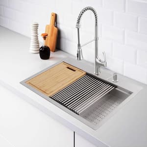 Zero Radius 27 in. Drop-In Single Bowl 18 Gauge Stainless Steel Workstation Kitchen Sink with Spring Neck Faucet