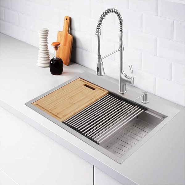 Zero Radius 32 in. Drop-In Single Bowl 18 Gauge Stainless Steel Workstation Kitchen Sink with Spring Neck Faucet