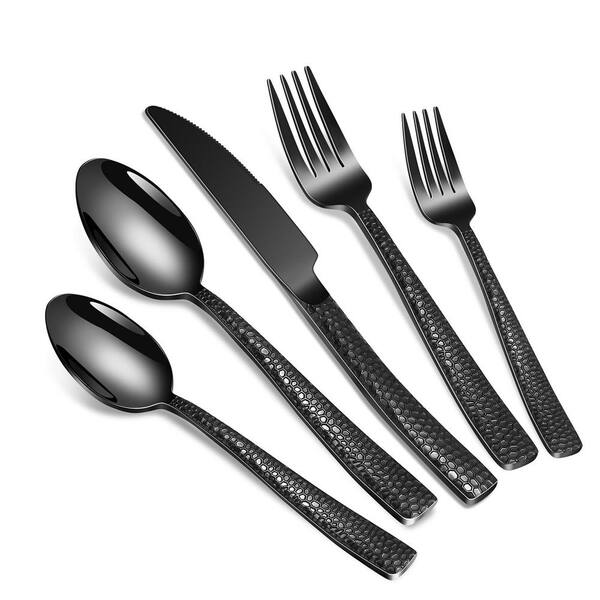 40-Piece Black Hammered Stainless Steel Flatware Set with Forks Knives Spoons for 8 Silverware Set, Sets
