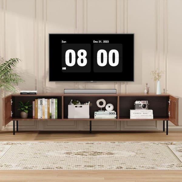 Hommpa Walnut TV Stand Fits TV's up to 80 in. With 2 Slat Doors