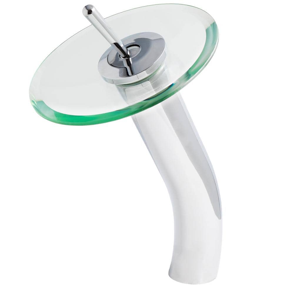Polished Chrome Single Handle Waterfall Vessel Faucet with Clear Glass Disc