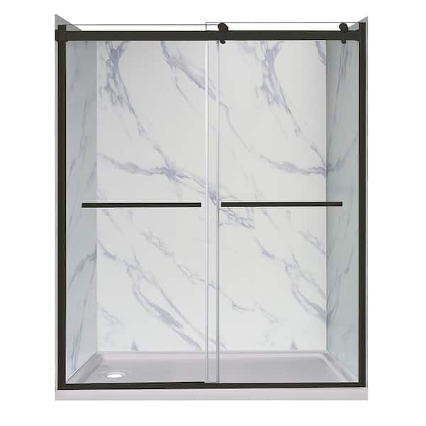Lagoon Double Roller 60 in L x 32 in W x 78 in H Left Drain Alcove Shower Stall Kit in Carrara and Matte Black Hardware
