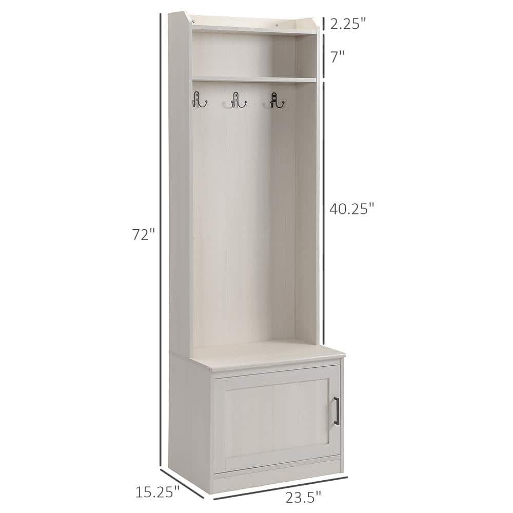 White Wood Hall Tree with Storage Bench and Coat Hooks