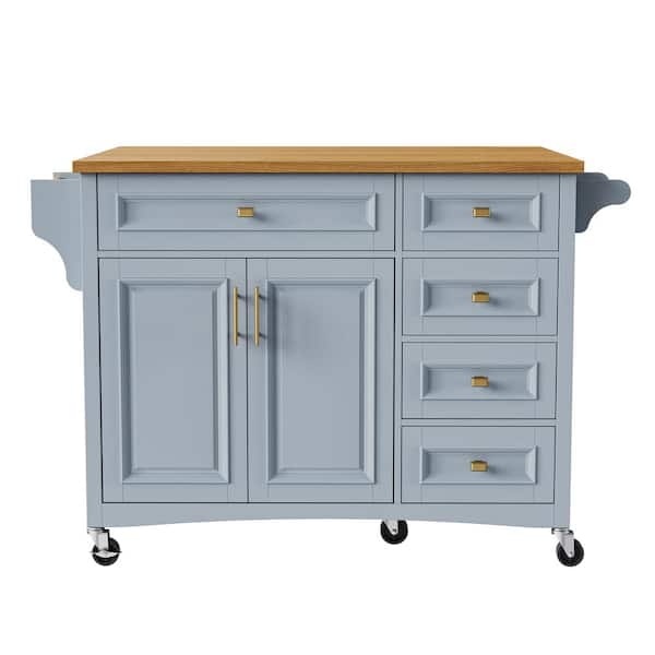 COWLOWN Blue Wood 52 in. Kitchen Island with Spice Rack, Towel Rack, 2-Doors and 5-Drawers, Adjustable Shelf and Drop Leaf