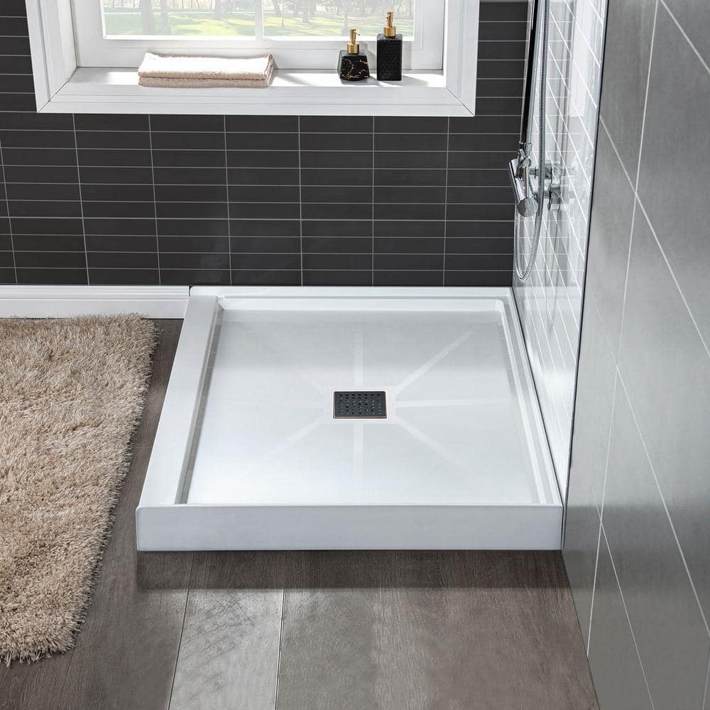 36" White Solid Surface Square Shower Pan Base with Oil-Rubbed Bronze Drain Cover