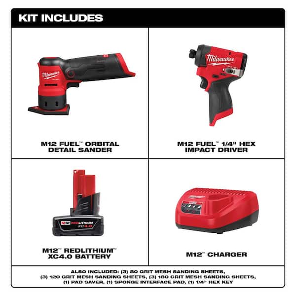 Milwaukee M12 FUEL 12-Volt Lithium-Ion Brushless Cordless Detail Sander & M12 FUEL 1/4 in. Hex Impact Driver w/Battery & Charger