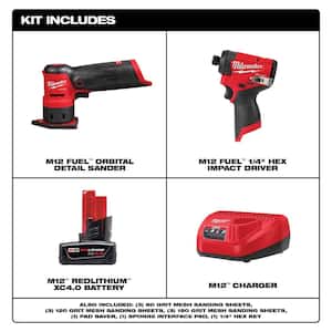 M12 FUEL 12-Volt Lithium-Ion Brushless Cordless Detail Sander & M12 FUEL 1/4 in. Hex Impact Driver w/Battery & Charger